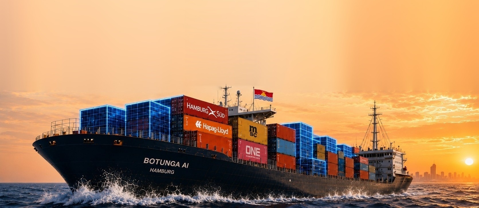 BOTUNGA AI container ship at sunset with AI-highlighted containers