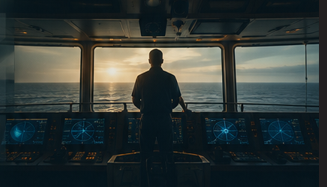 View from a ship bridge toward the sea at sunset